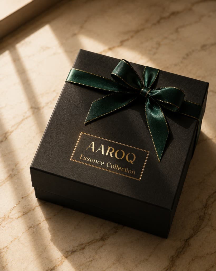 AAROQ on a black gift box with emerald ribbon