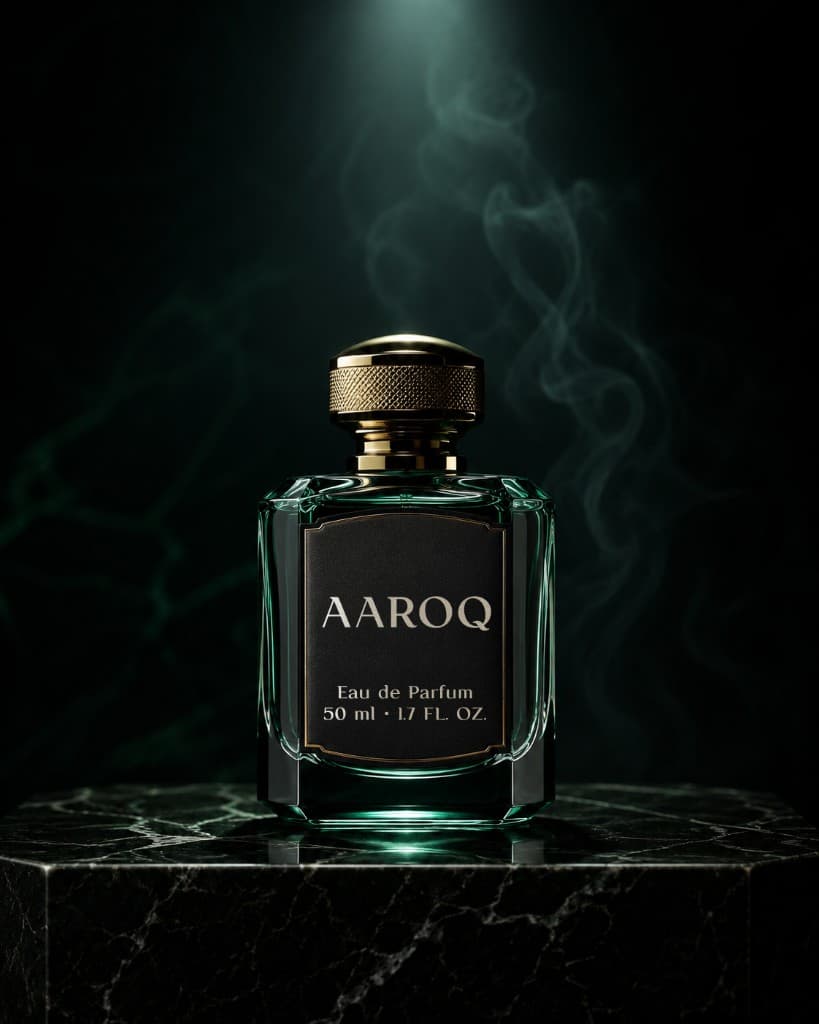 AAROQ on a dark emerald perfume bottle with gold cap