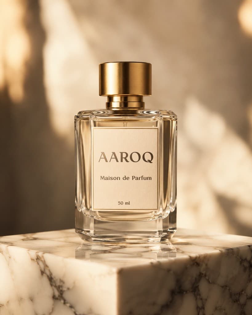 AAROQ typeface on a perfume bottle in warm light