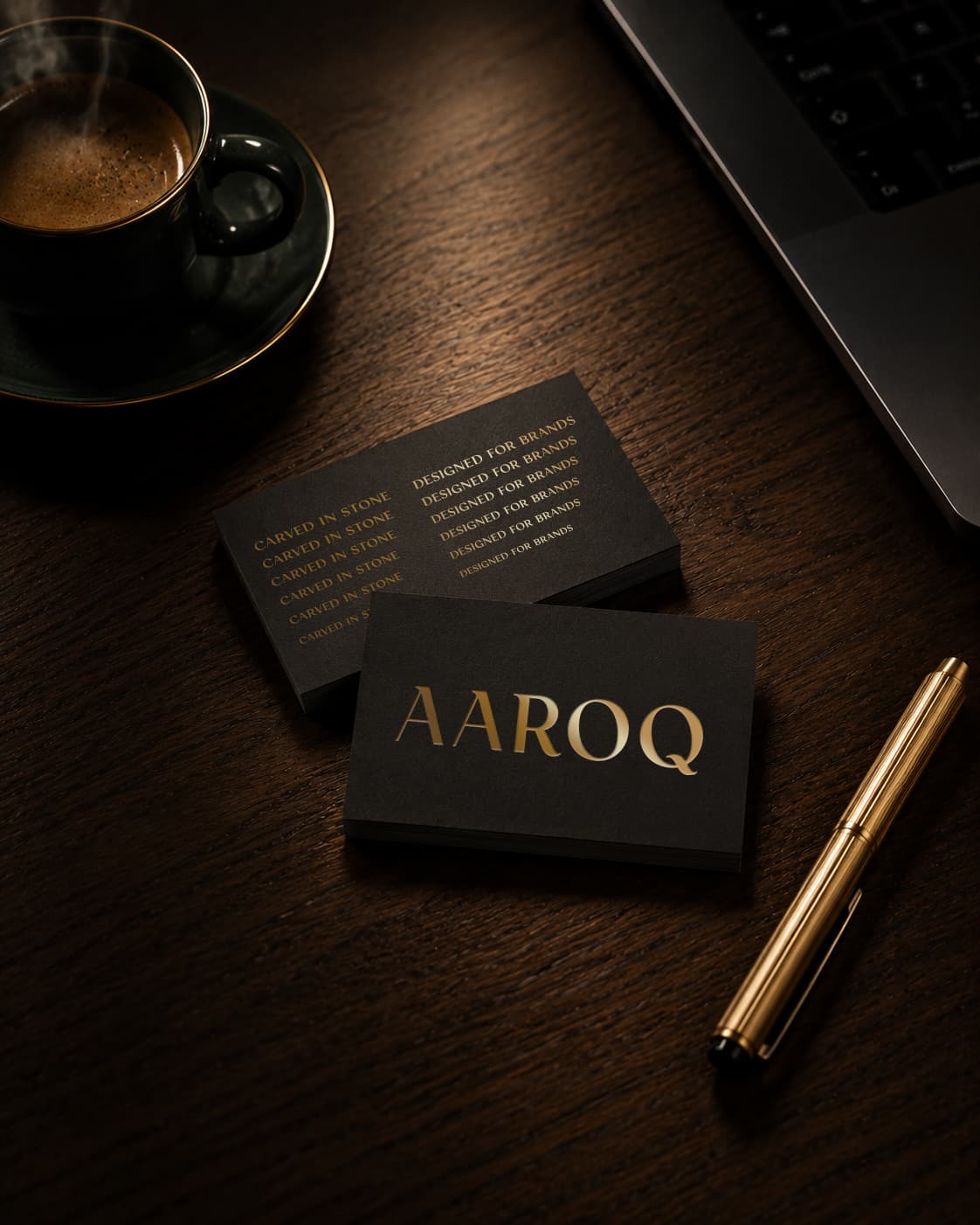 AAROQ foil-stamped on black business cards with gold pen