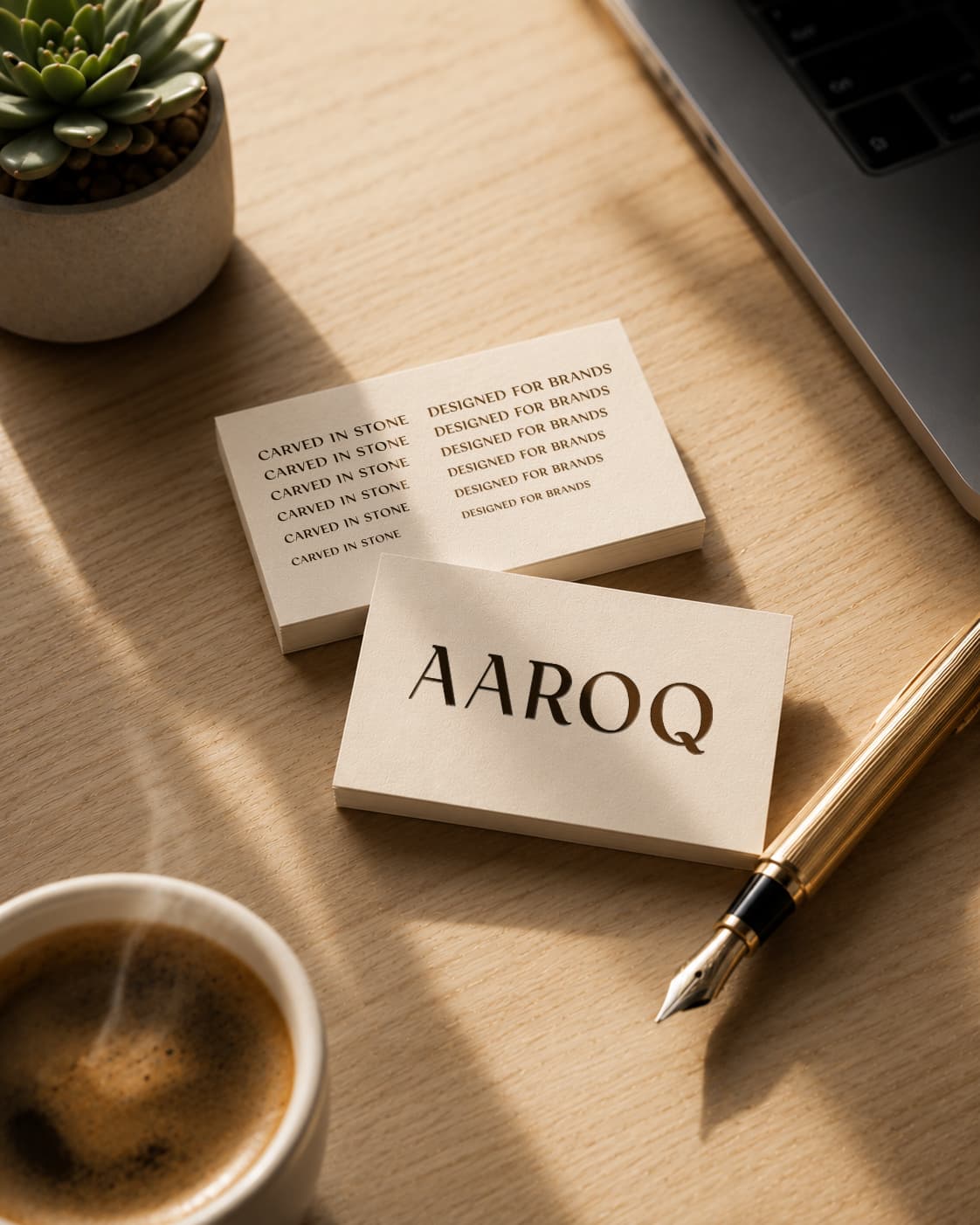 AAROQ letterpress on cream business cards with fountain pen and coffee